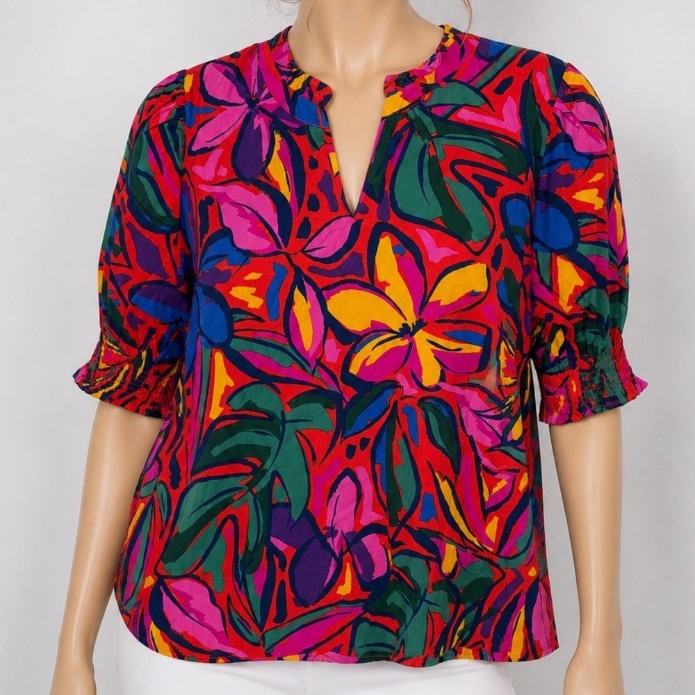 Sugarlips Womens Blouse Tropical Floral Ruffle Neck Smocked Cuff Medium